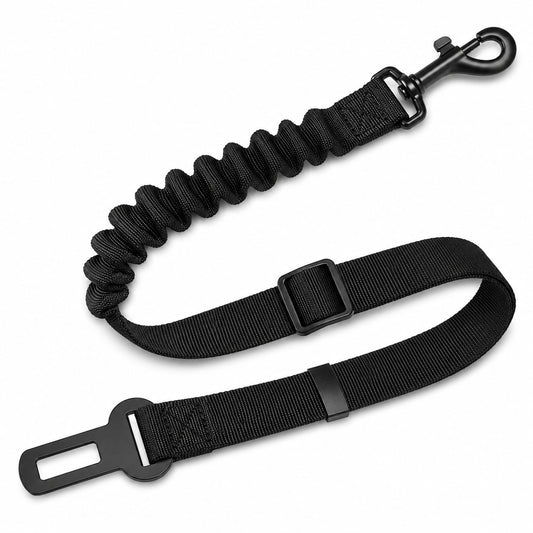 A black elastic bungee dog leash with a quick-release buckle and a metal clip, displayed on a clean white background.