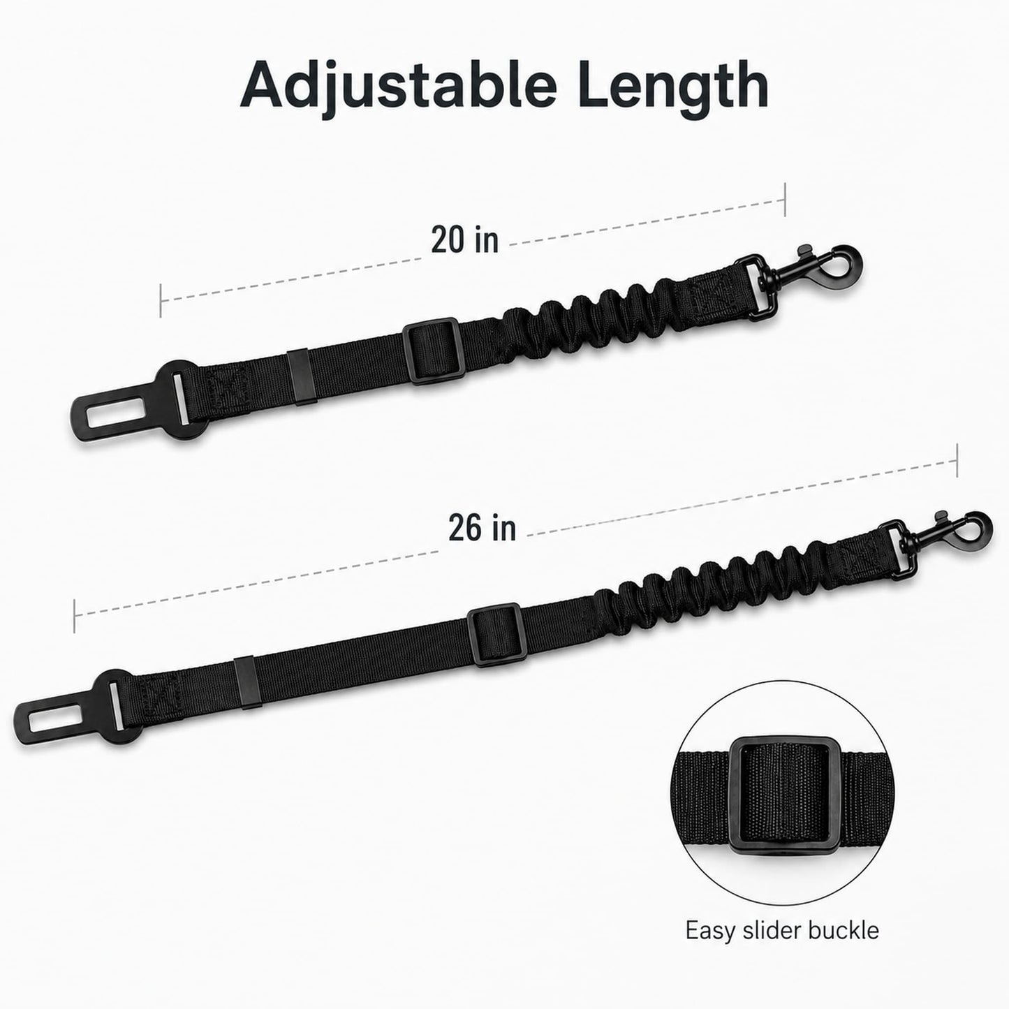 Black adjustable pet leash strap shown on a light gray background with dimension labels for 20 in and 26 in lengths, plus a circular inset highlighting the easy slider buckle.