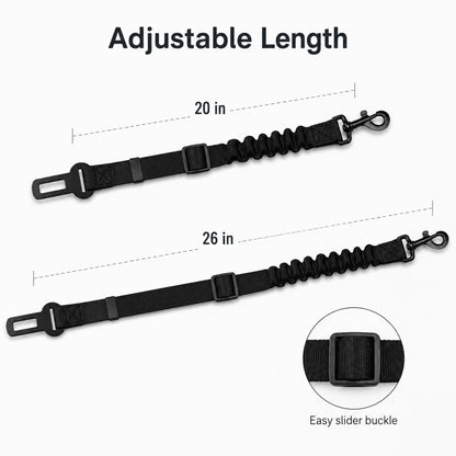 Black adjustable pet leash strap shown on a light gray background with dimension labels for 20 in and 26 in lengths, plus a circular inset highlighting the easy slider buckle.