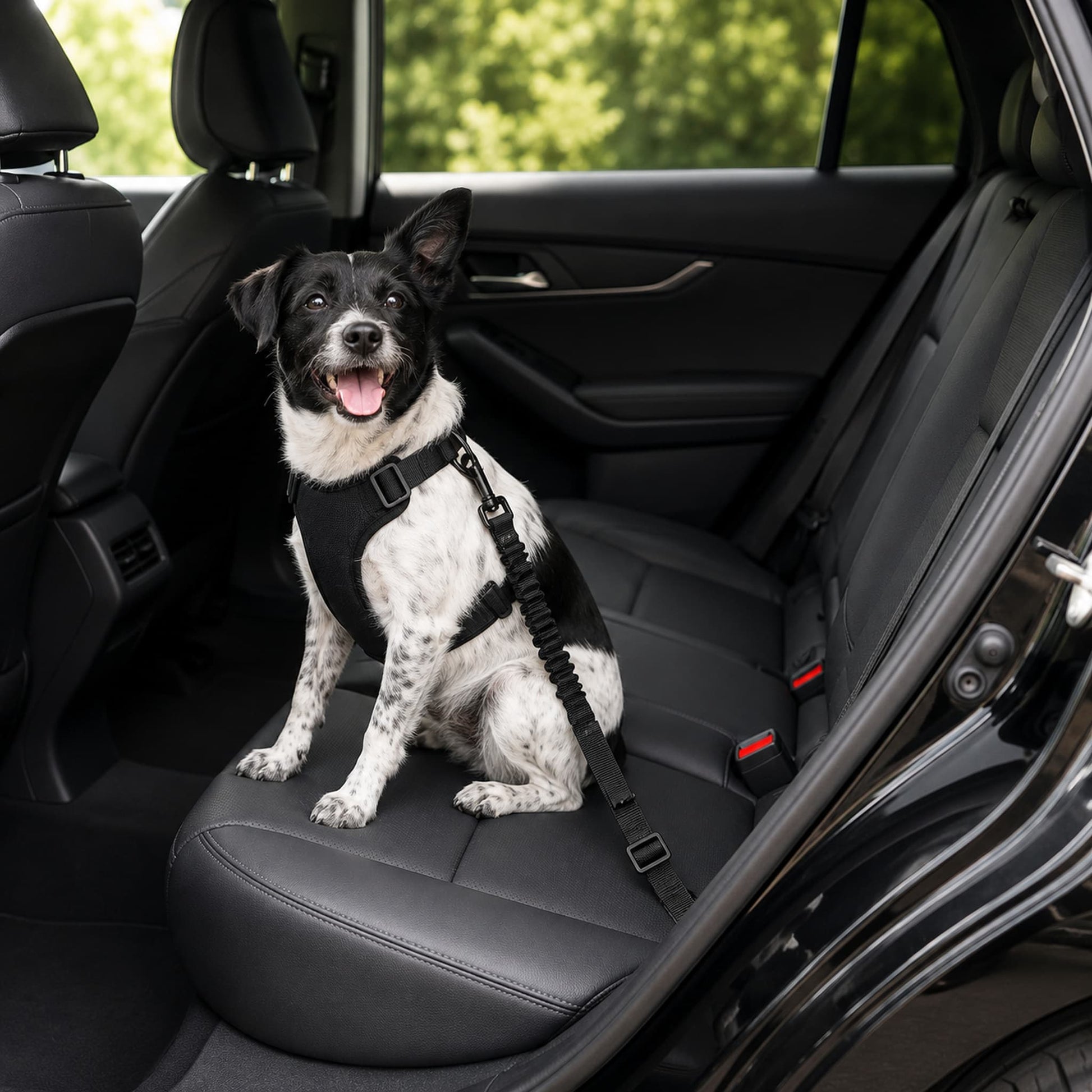 A black dog harness with a bungee leash strap worn by a black and white spotted dog sitting on a black car seat.