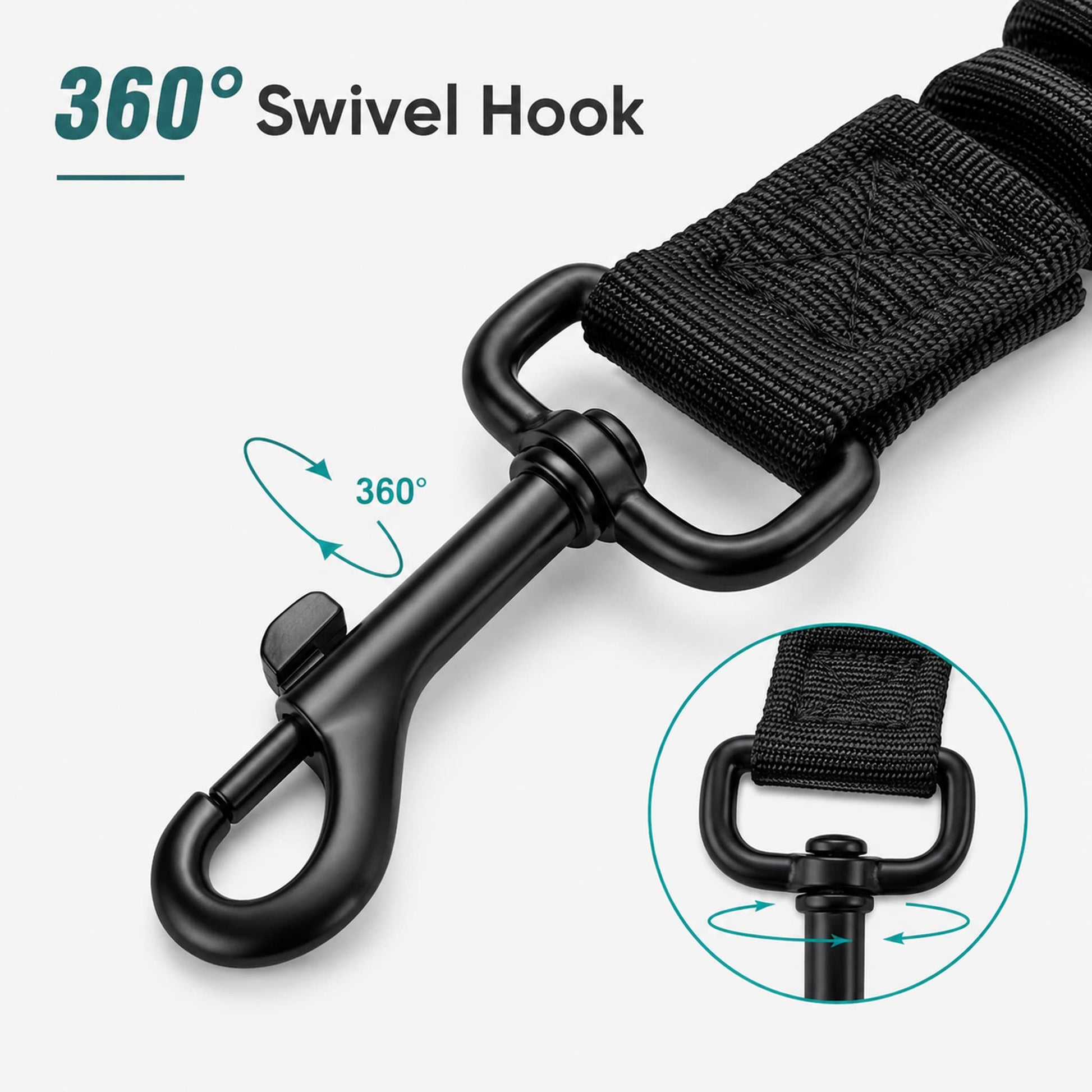 Black swivel hook clip with a woven strap, shown on a light gray background with text reading '360° Swivel Hook' and a circular inset demonstrating the swivel motion.