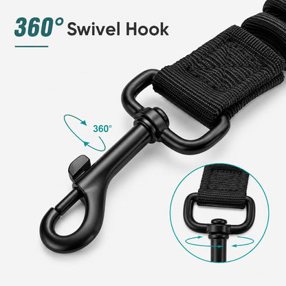 Black swivel hook clip with a woven strap, shown on a light gray background with text reading '360° Swivel Hook' and a circular inset demonstrating the swivel motion.