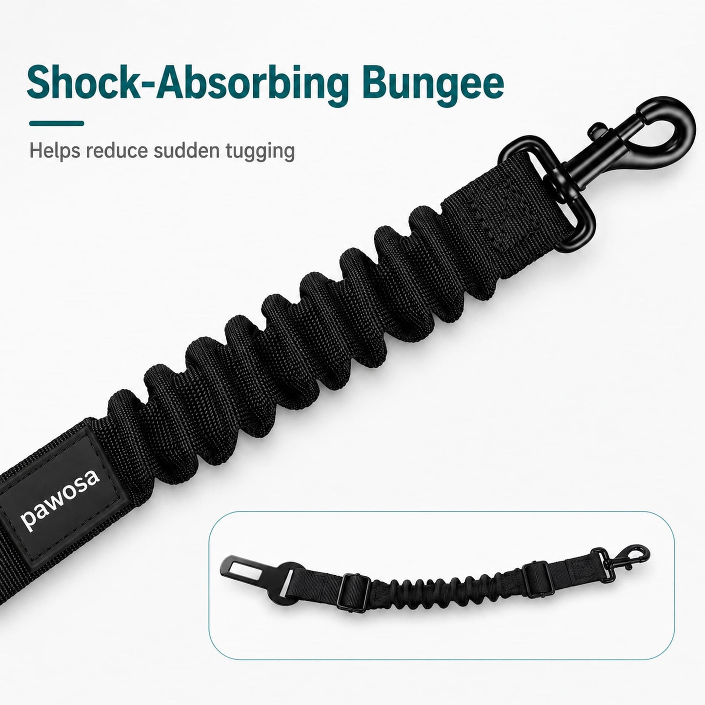 Black Pawosa shock-absorbing bungee leash strap with a metal clasp, shown on a light gray background with marketing text and a small inset showing the strap laid out.