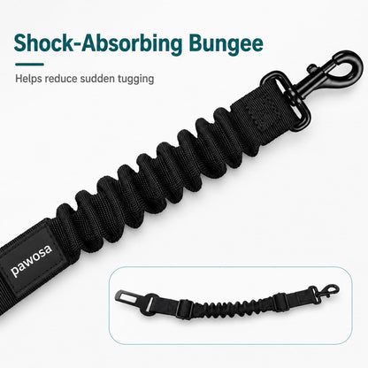 Black Pawosa shock-absorbing bungee leash strap with a metal clasp, shown on a light gray background with marketing text and a small inset showing the strap laid out.