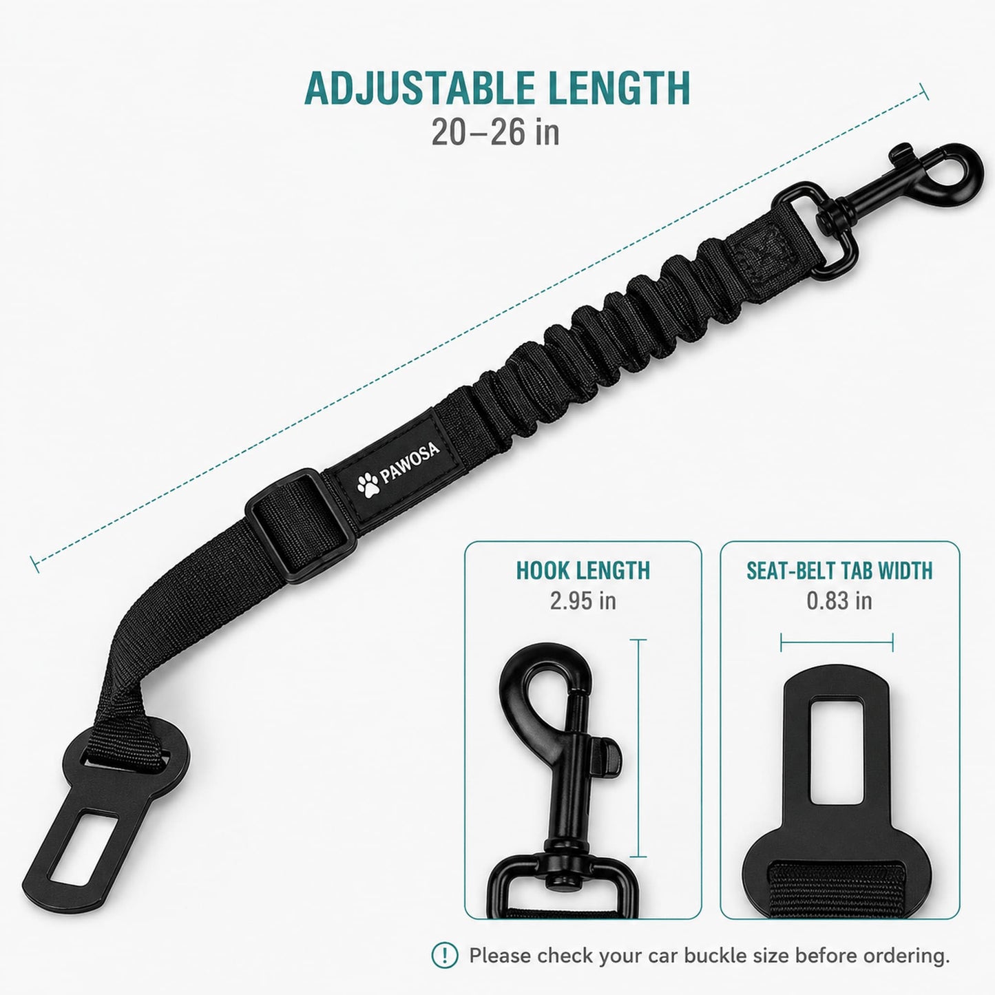 Black PawRosa car seat belt leash with an adjustable 20-26 inch length, shown with dimension callouts for hook length and seat belt tab width on a light gray background.