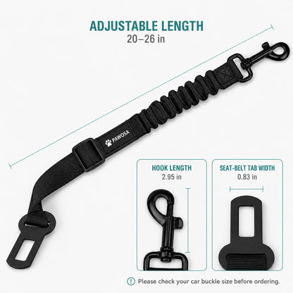Black PawRosa car seat belt leash with an adjustable 20-26 inch length, shown with dimension callouts for hook length and seat belt tab width on a light gray background.