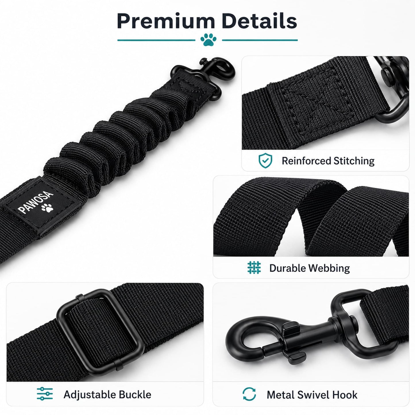 Black dog leash strap with a coiled elastic design, metal swivel hook, and adjustable buckle, shown with feature callout panels reading Reinforced Stitching, Durable Webbing, Adjustable Buckle, and Metal Swivel Hook under the heading Premium Details.