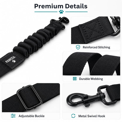 Black dog leash strap with a coiled elastic design, metal swivel hook, and adjustable buckle, shown with feature callout panels reading Reinforced Stitching, Durable Webbing, Adjustable Buckle, and Metal Swivel Hook under the heading Premium Details.