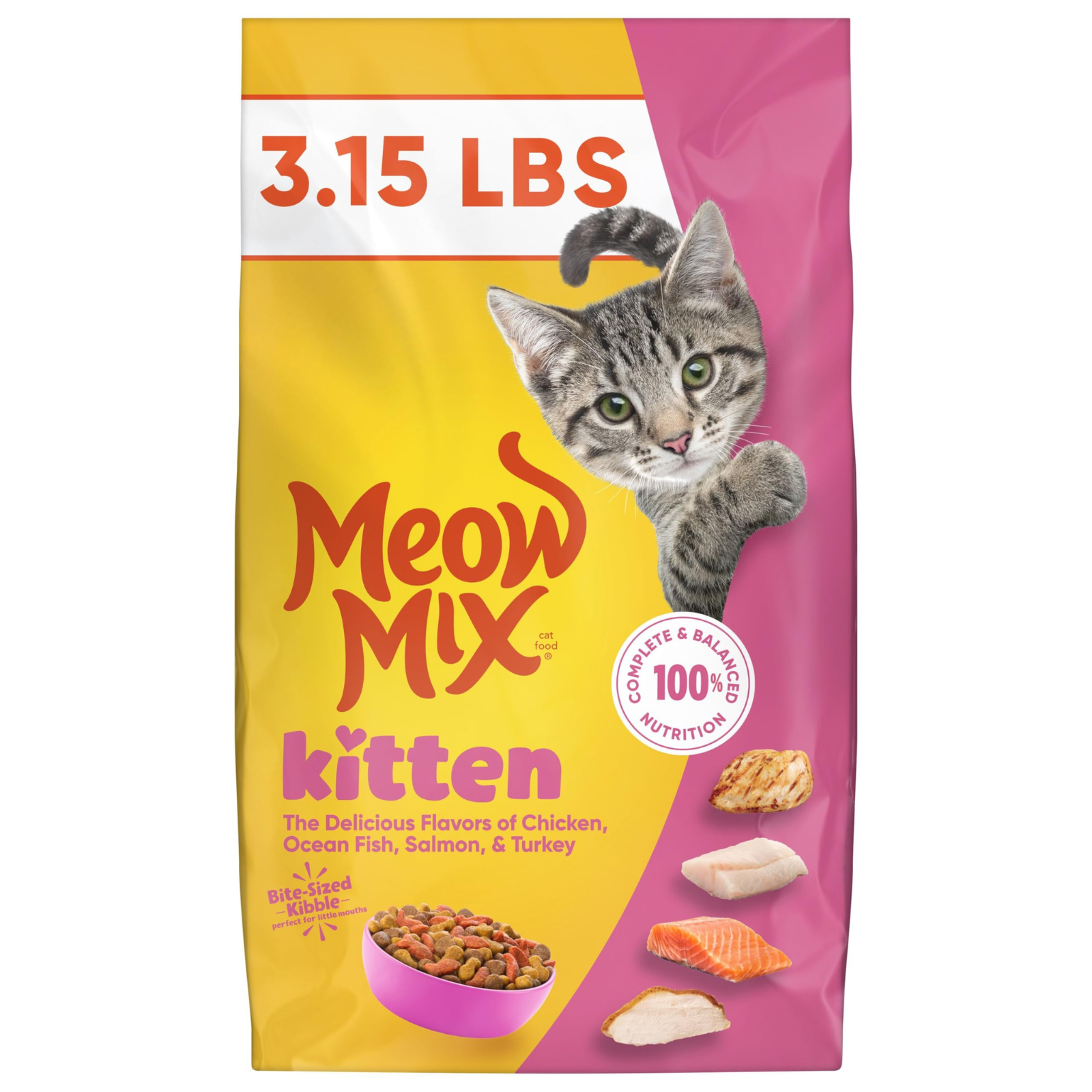 Meow Mix Kitten food package with a cat on a yellow and pink background