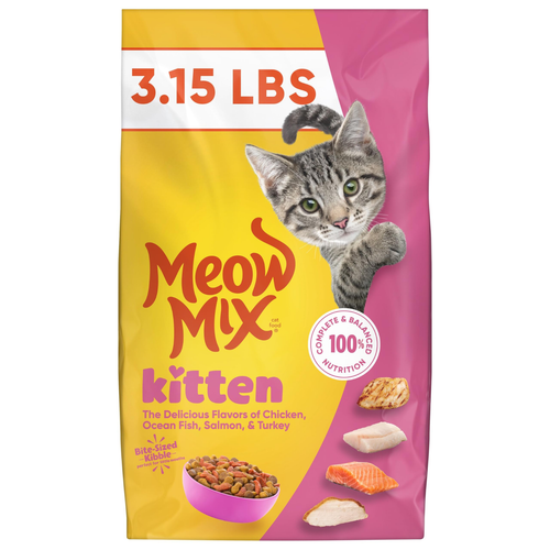 Meow Mix Kitten food package with a cat on a yellow and pink background