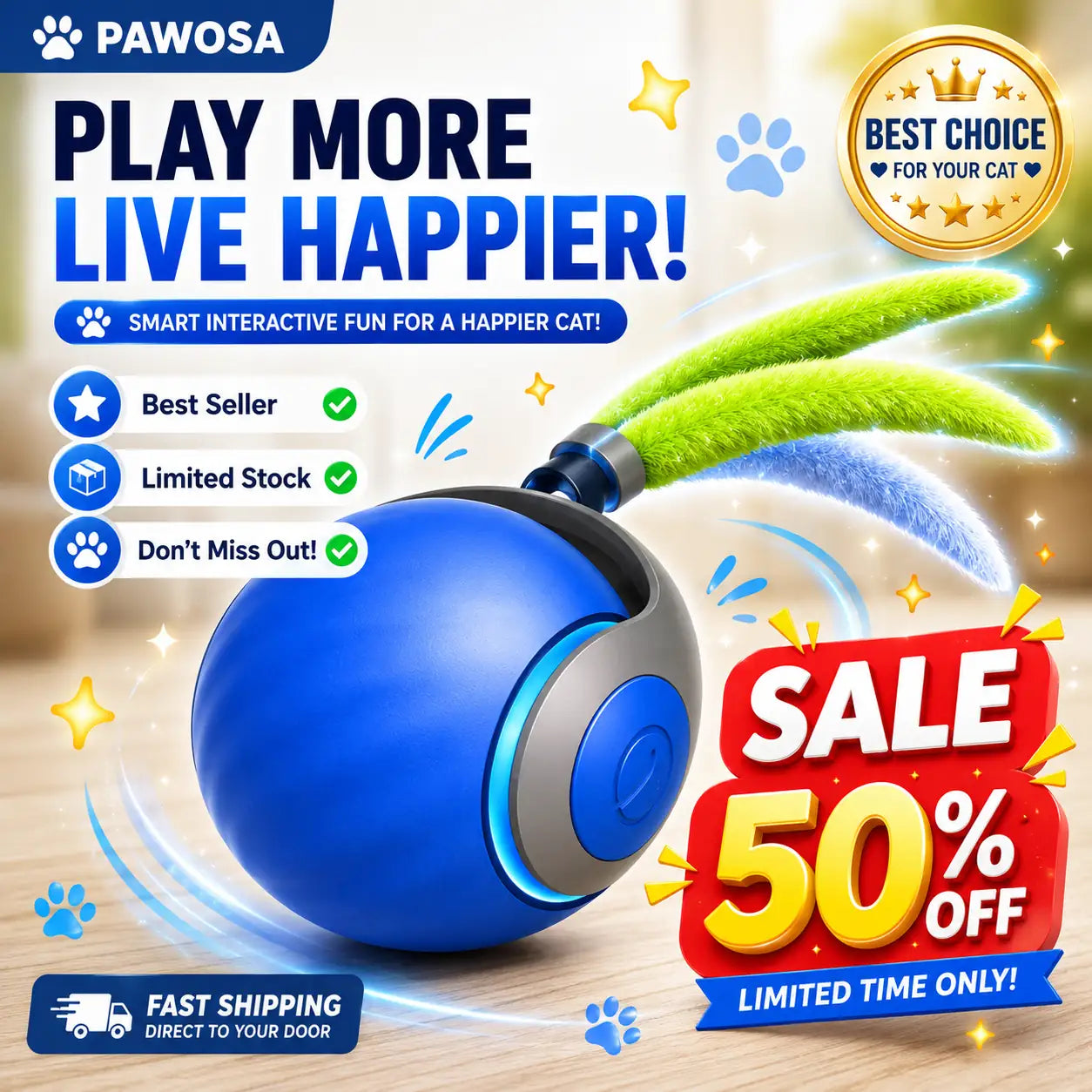 Automatic Rolling Ball Cat Toy – Motion Sensor Interactive Moving Ball for Cats & Dogs