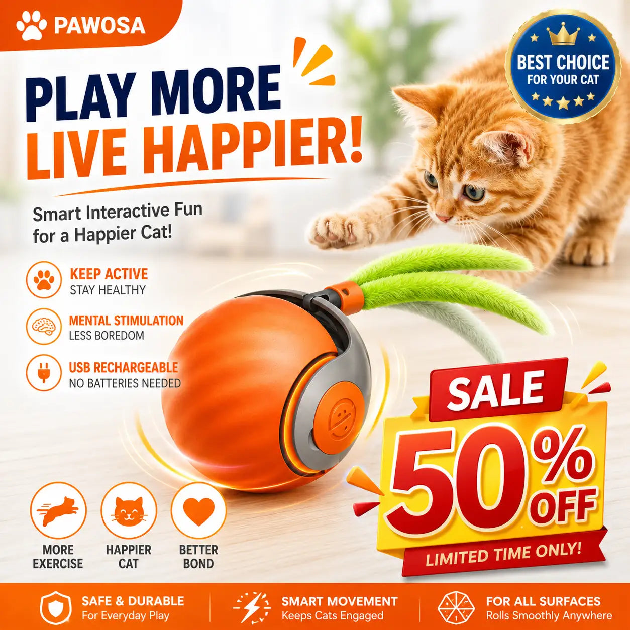 Automatic Rolling Ball Cat Toy – Motion Sensor Interactive Moving Ball for Cats & Dogs