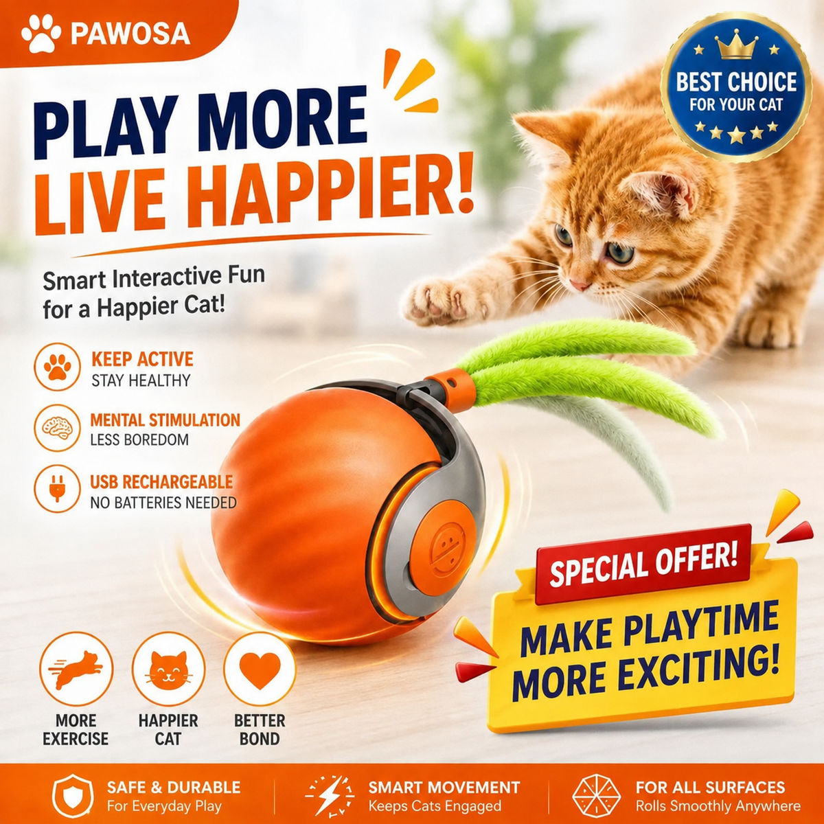 Automatic Rolling Ball Cat Toy – Rechargeable Interactive Moving Ball