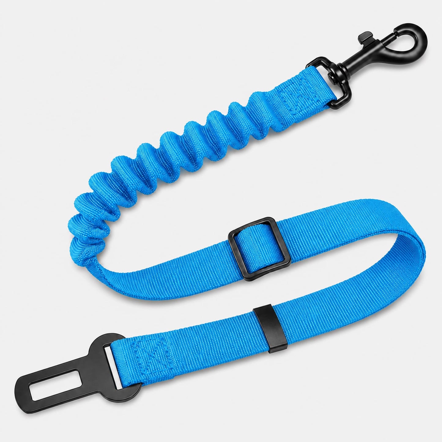 A bright blue elastic dog leash with black metal hardware, including a car seat belt buckle, a swivel clip, and a quick-release buckle, shown on a light gray background.