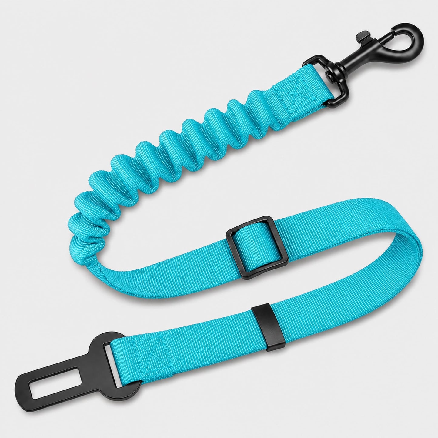 A bright turquoise blue elastic bungee leash with black metal hardware, including a carabiner clip, buckle, and seat belt clip, shown on a light gray background.