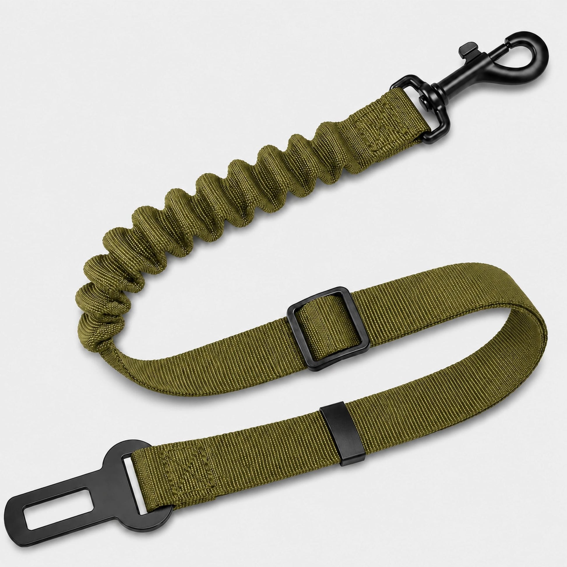 An olive green webbed bungee leash strap with black metal hardware, including a swivel snap hook, quick-release buckle, and seat belt clip, shown on a light gray background.