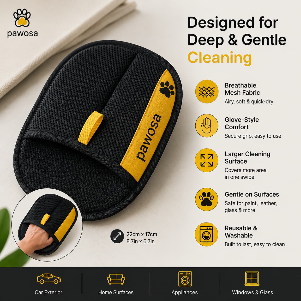 Pawosa Reusable Pet Hair Remover Mitt for Dogs & Cats